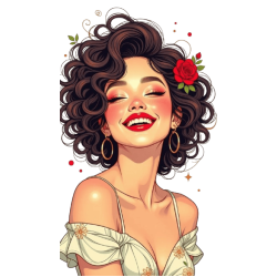 ملصق فني – امرأة مبتسمة بشعر مجعد ووردة حمراء | فينيل إيجابي