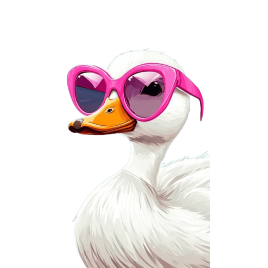 ملصق بطة بيضاء ترتدي نظارات شمسية وردية عصرية