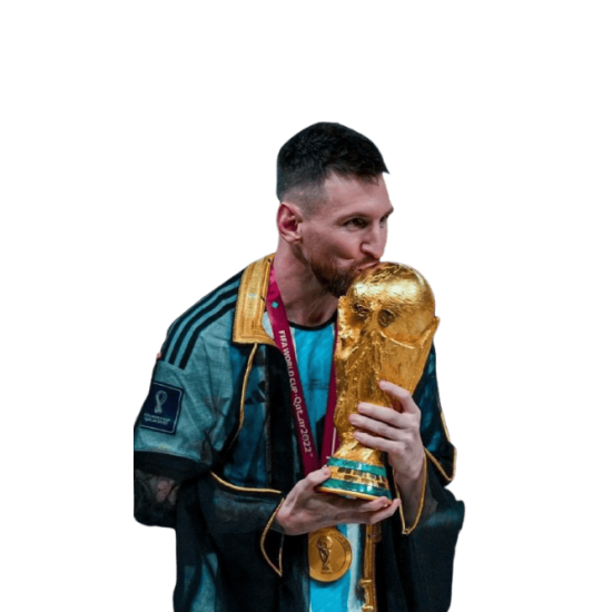 ملصق ليونيل ميسي يقبل كأس العالم 2022 مرتدياً البشت