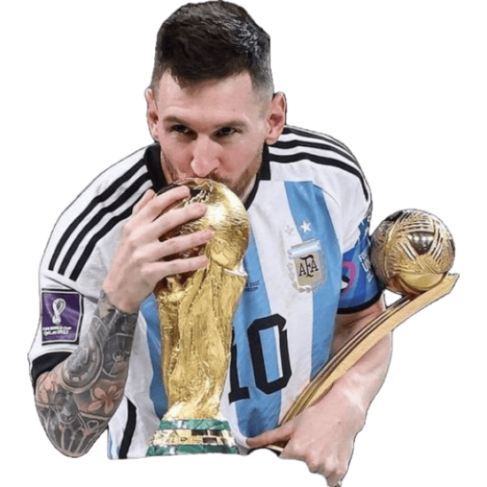 ملصق ليونيل ميسي يقبل كأس العالم ويحمل الكرة الذهبية