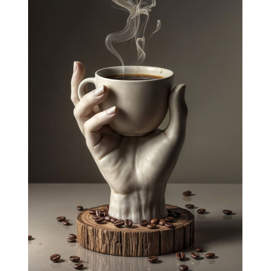 ملصق فني ليد تمثال تحمل كوب قهوة مع حبوب البن
