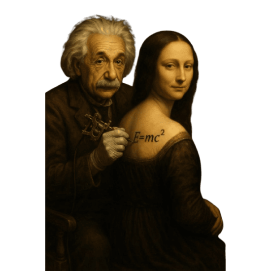 ملصق سريالي أينشتاين يوشم الموناليزا وسط إضاءة شموع بأسلوب فن النهضة