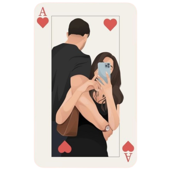 ملصق فني ورقة آس القلوب بتصميم زوجين يلتقطان سيلفي