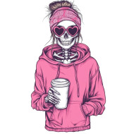 ملصق الهيكل العظمي الوردي مع القهوة | فينيل عصري يجمع القوة والأنوثة