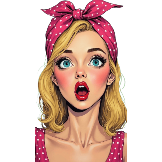 ملصق بوب آرت لامرأة مذهولة بشعر أشقر ووشاح وردي منقط