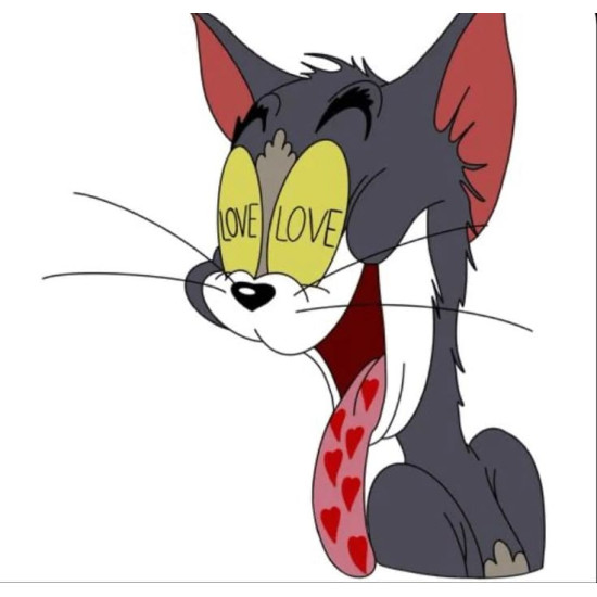 ملصق توم من توم وجيري بعينين مكتوب فيهما LOVE وقلوب حمراء