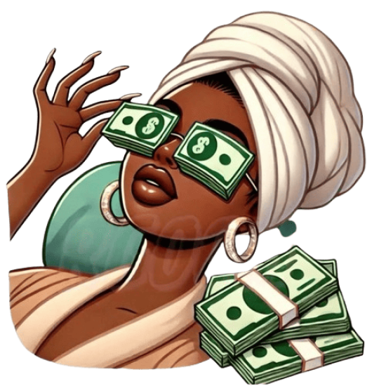 ملصق سيدة بنظارات مصنوعة من الدولارات ومحاطة بأكوام المال