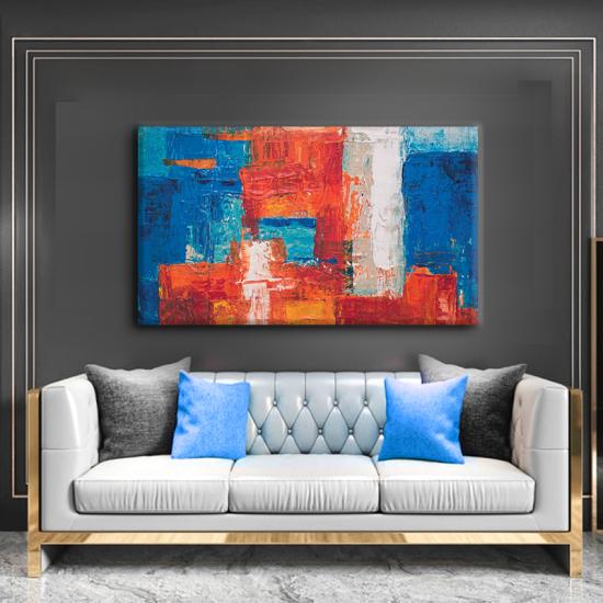 لوحة كانفس جدارية عصرية باللون البرتقالي والأزرق والأبيض ودرجات السماوي