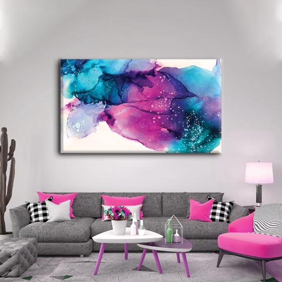 لوحة كانفس جدارية مودرن وعصرية باللون الزهري ومدرجات الأزرق وألأبيض