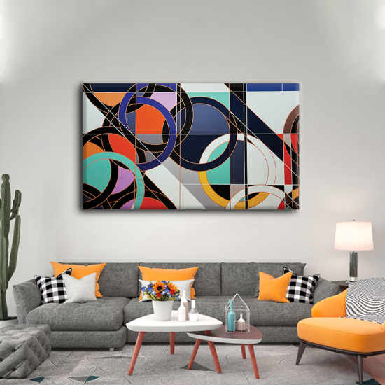 لوحة كانفس جدارية بألوان جذابة وشكل مودرن الأصفر والكحلي والبرتقالي والسماوي